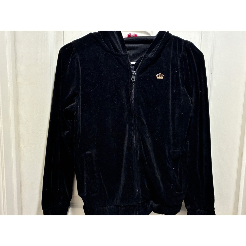 Juicy Couture Girls Black Velour Zip Up Hoodie Gold Crown Studded Logo XL 16